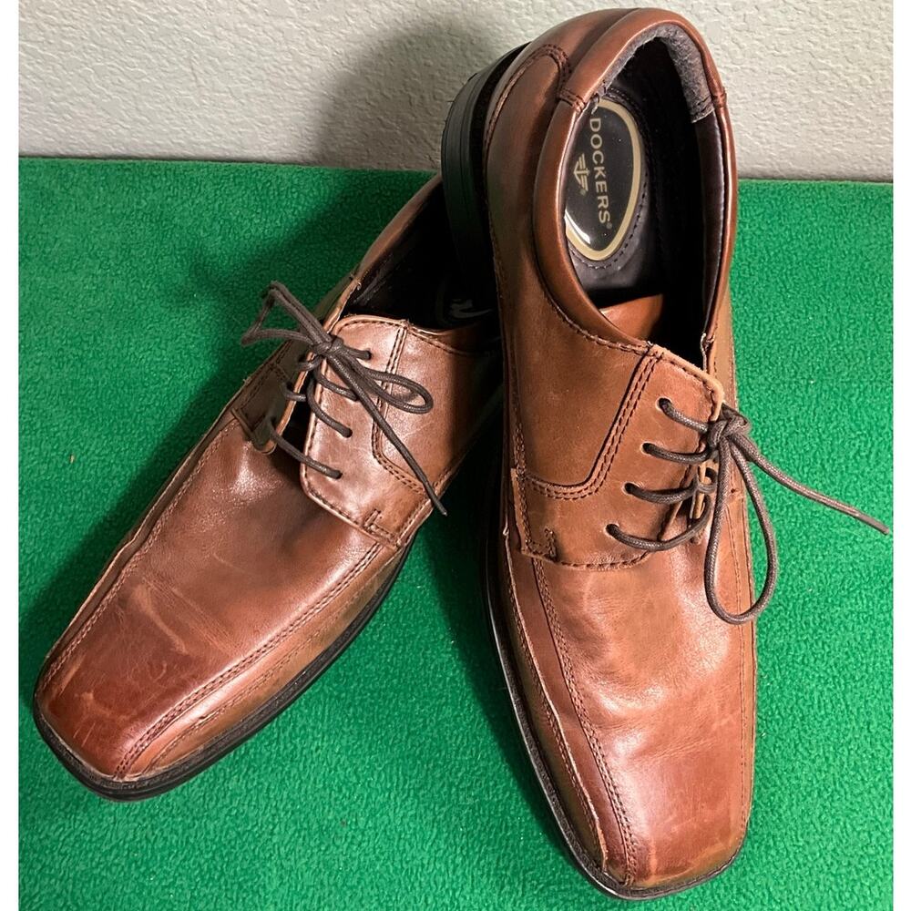 Men's Dockers Leather Dress Shoes Sz 10.5M Carmel Lace Up Cushioned Square Toe